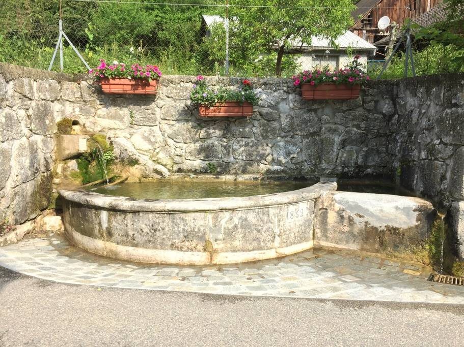 Fontaine en pierre fleurie dans le village de Chaparon